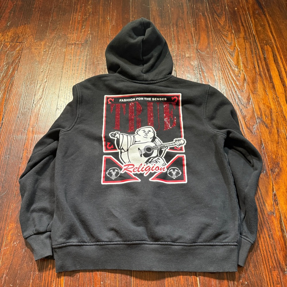 True Religion Full Zip Up Hoodie Men M Black Buddha Rhinestone Back Graphic